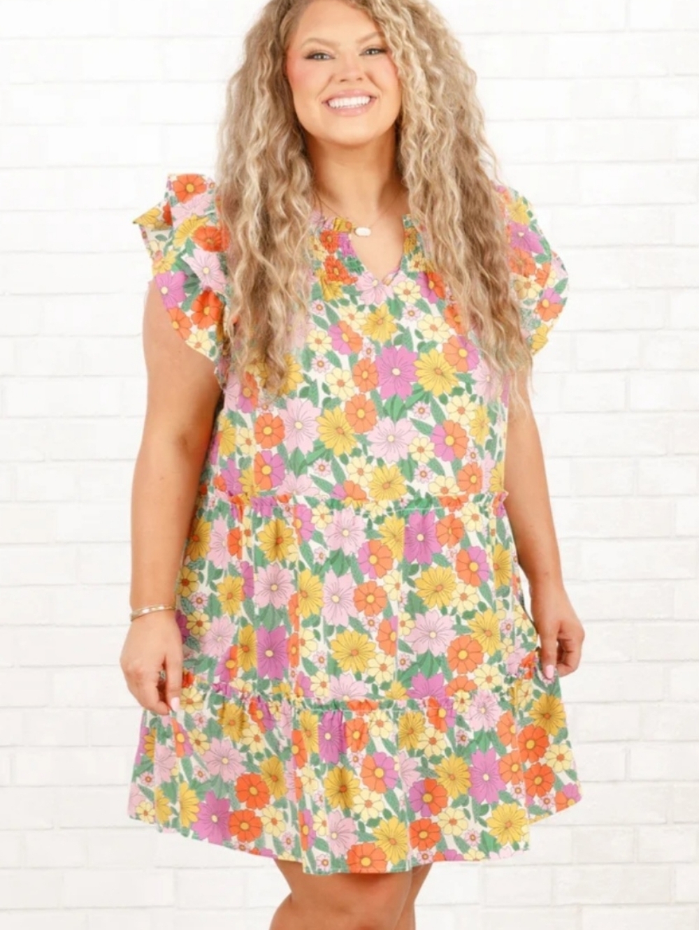 Chic Soul Floral Mini Dress - Pink, Yellow & Orange